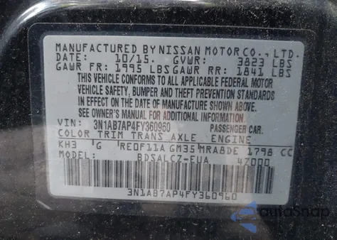 2015 Nissan Sentra S from USA, damaged, VIN 3N1AB7AP4FY360960